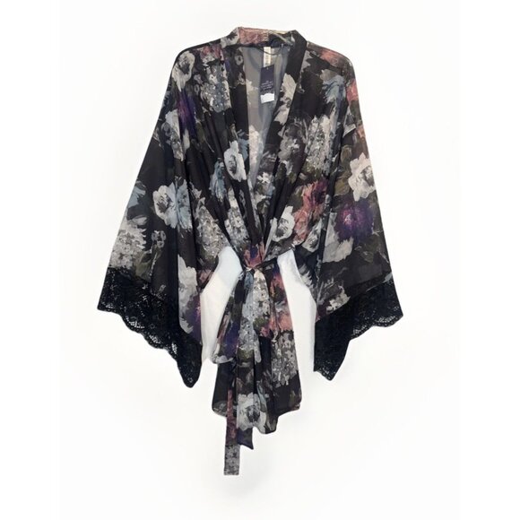Cacique Womens Robe Tie Waist Black Pink Floral Kimono Lace Sleeves Sz 18/20 NEW - Picture 1 of 6